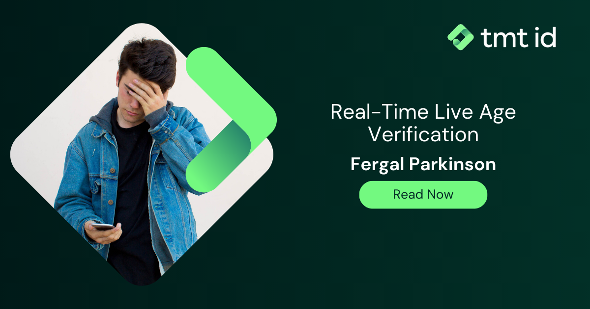 Man holding smartphone with a frustrated expression and facepalm gesture against a promotional background for real-time live age verification.