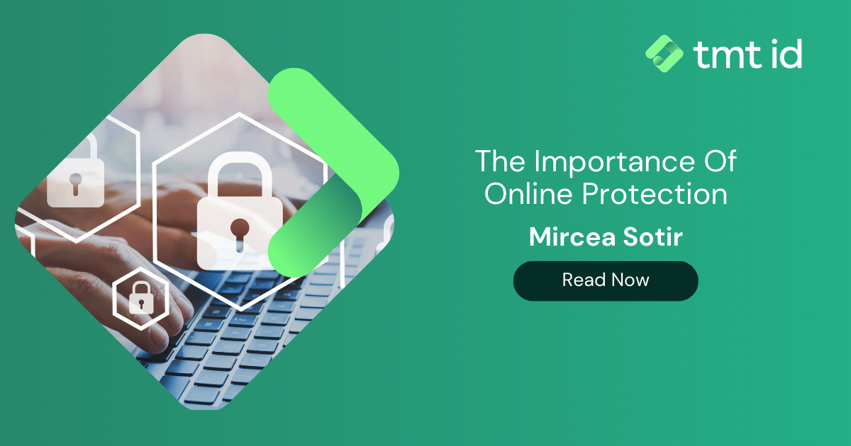 An advertisement for an online protection article by Mircea Sotir, featuring digital security imagery with a padlock and keyboard.