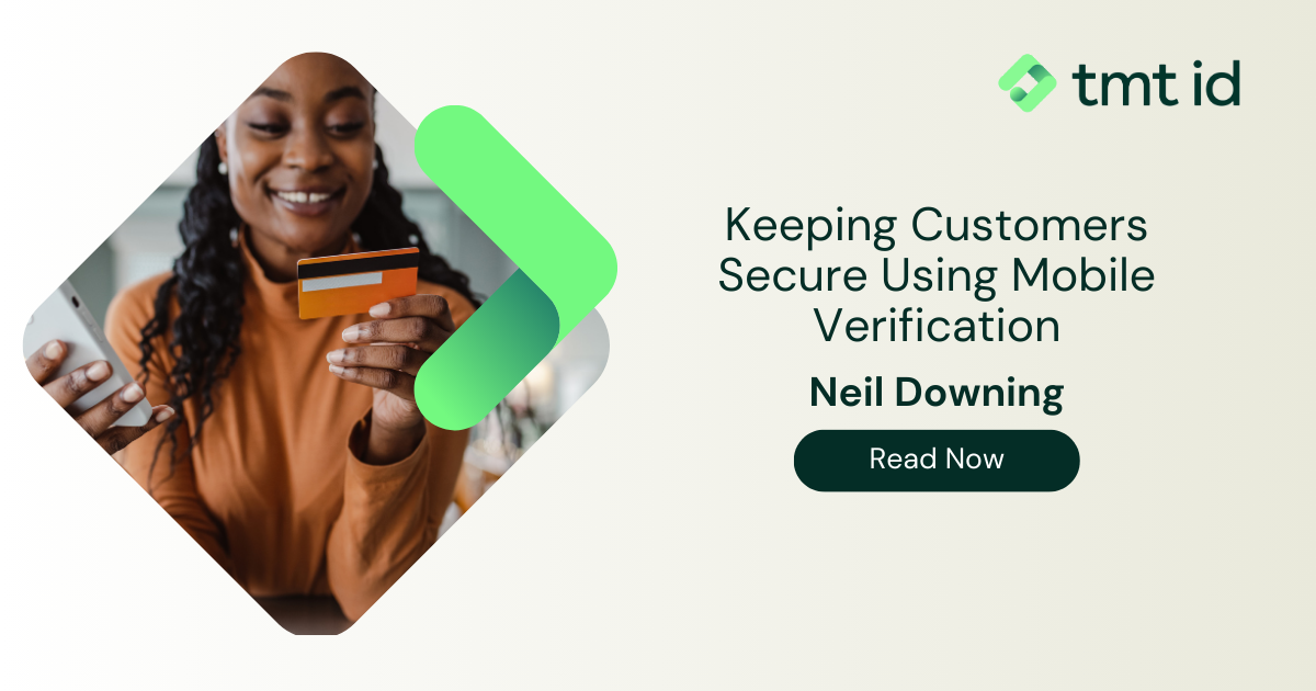 Promotional graphic featuring a smiling woman holding a credit card, highlighting mobile verification to keep customers secure online.