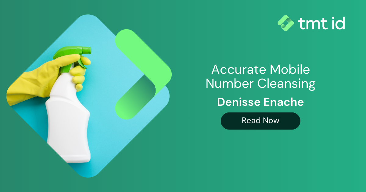 Hand in a yellow glove spraying cleaner on a graphically designed backdrop with text related to mobile number cleansing by Denisse Enache.