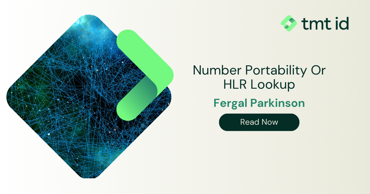 An advertisement for a publication about "Number Portability or HLR Lookup" by Fergal Parkinson, featuring a stylized network graphic and the TMT ID logo.