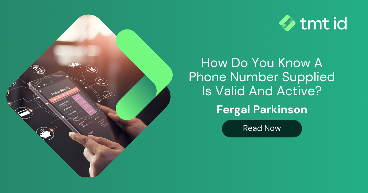 A person interacts with a digital interface about phone number validation on a tablet, ensuring the mobile number is still active, with a call-to-action to read an article by Fergal Parkinson.