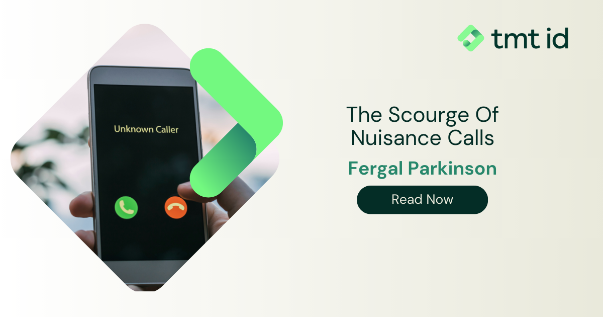 A smartphone displays an "unknown caller" notification alongside an article about nuisance calls with the author's name, Fergal Parkinson, prompting to read now.