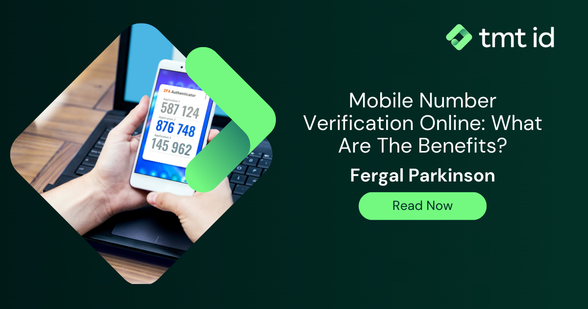 Hand holding a mobile phone showcasing number verification with a call-to-action to read about its benefits.