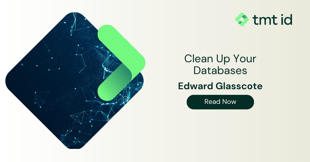 Promotional graphic featuring a book titled "Clean Up Your Databases" by Edward Glasscote, suggesting an informational read on database management and number validation.