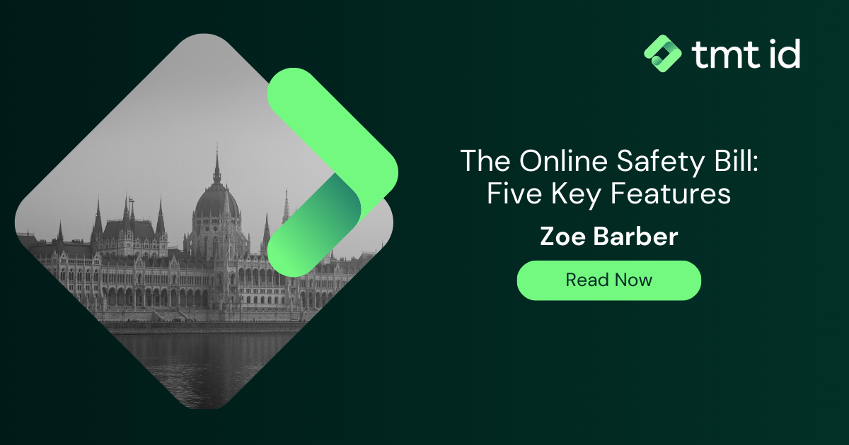 Promotional graphic for an article by Zoe Barber about the Online Safety Bill, featuring an image of a government building.