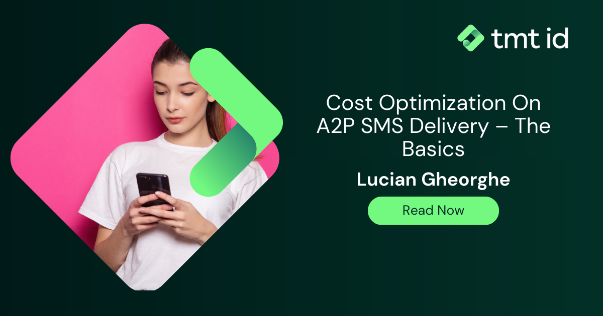 Woman reading on her smartphone with an infographic about a2p sms delivery cost optimization beside her.