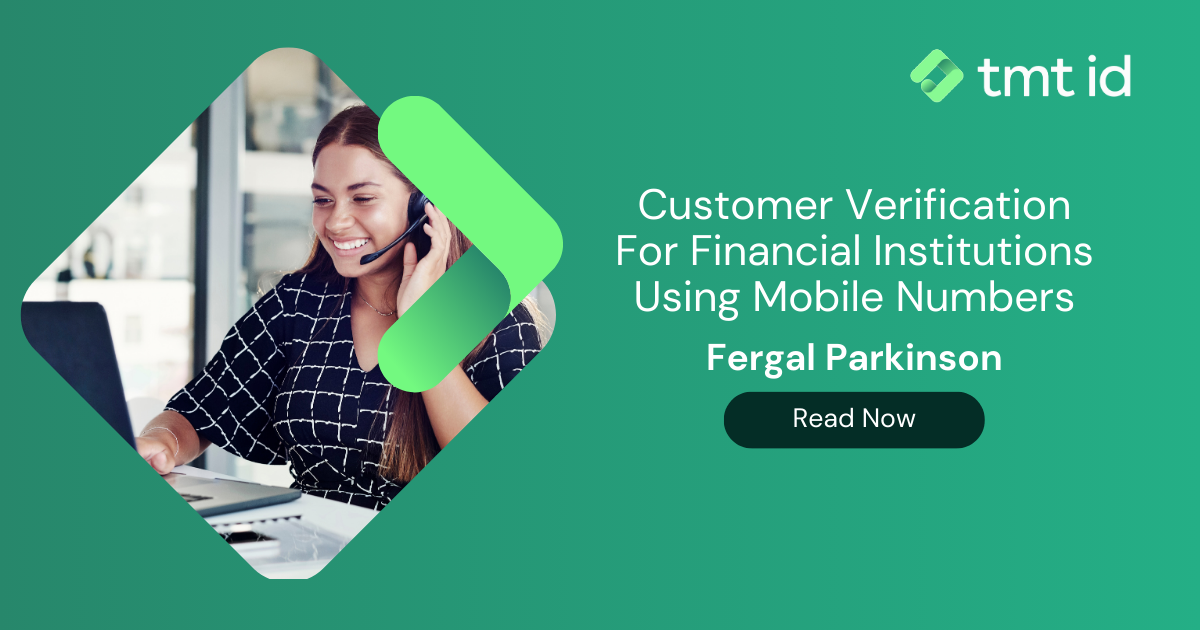 Professional woman on a phone call with a caption about verification for financial institutions using mobile numbers.