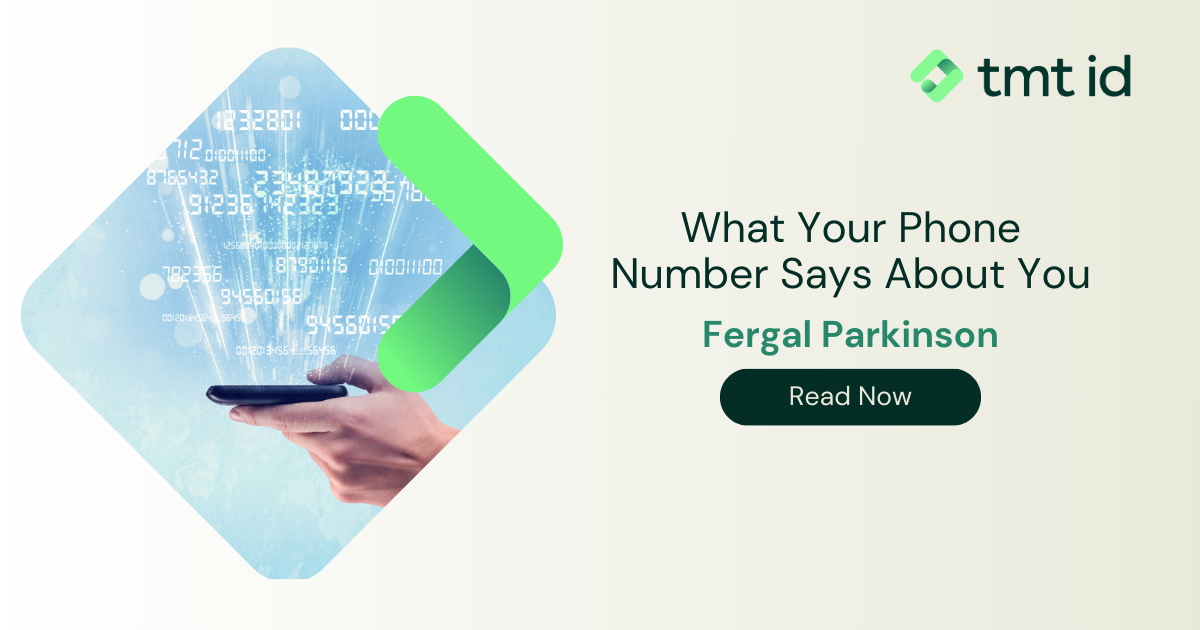 Promotional graphic for an article titled "what your phone number says about you" by fergal parkinson, featuring an illustration of a hand holding a smartphone with digital data emanating from it.