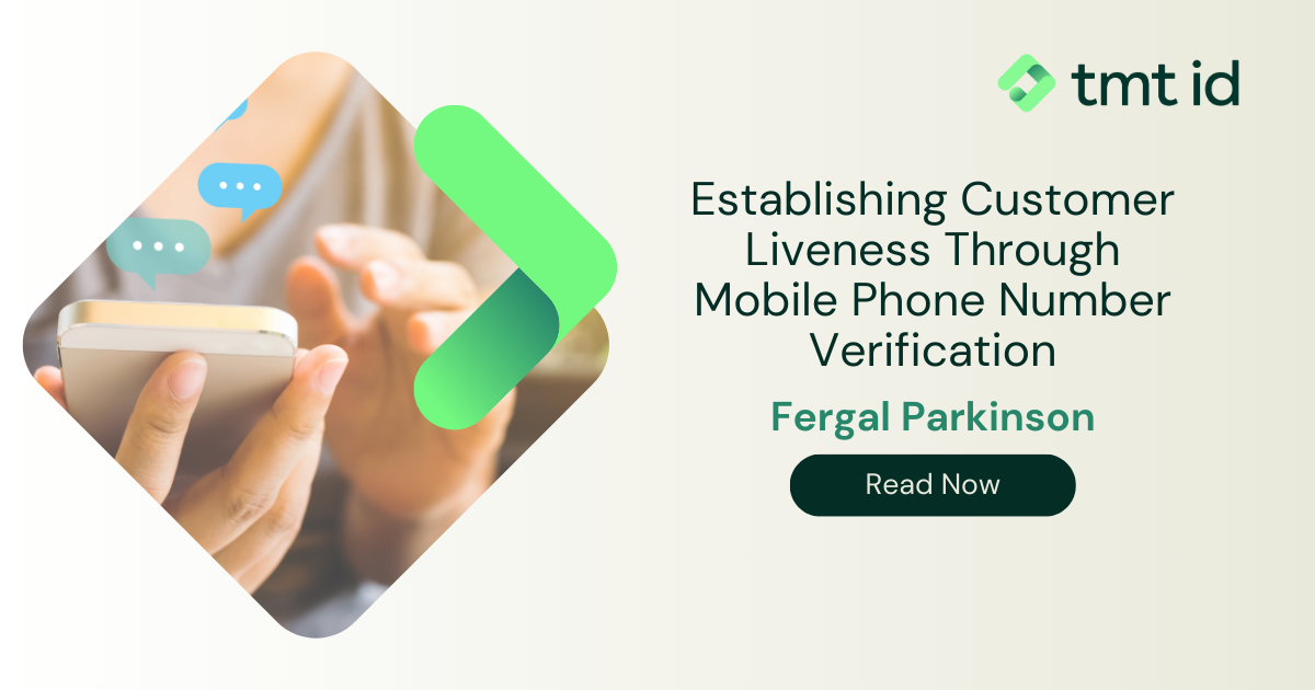 Person using a smartphone with graphics suggesting mobile phone number verification and customer liveness, with a promotional banner for an article or report.