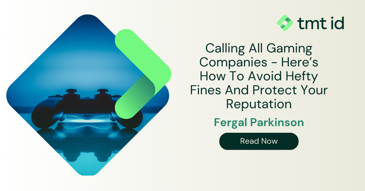 Promotional graphic for an article on how gaming companies can use identity verification to avoid hefty fines and protect their reputation, featuring a silhouette of a game controller.