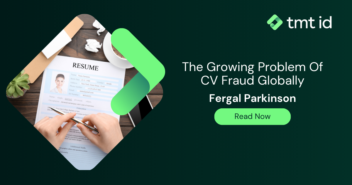 A promotional graphic featuring an article about cv fraud, with a person reviewing a resume on a desk.