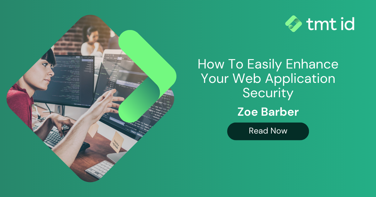 Professional woman programming at a dual monitor setup with a promotional banner for a web application security enhancement article.