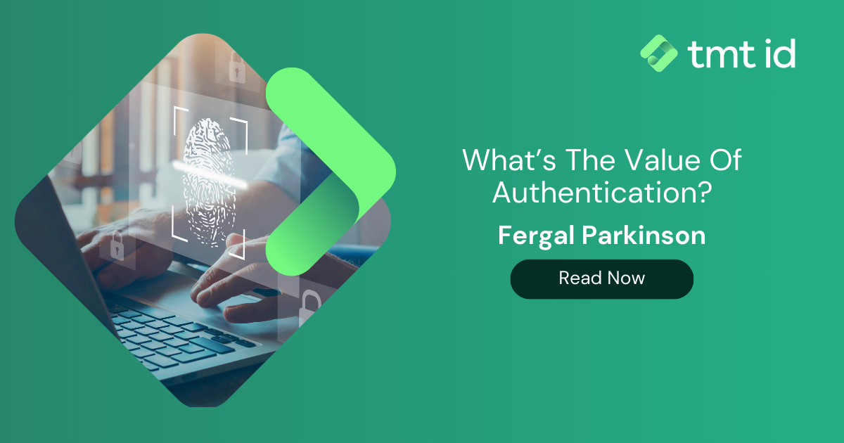 A graphic of hands typing on a laptop with an overlay of a lock symbol and text promoting an article on the value of silent authentication by Fergal Parkinson.