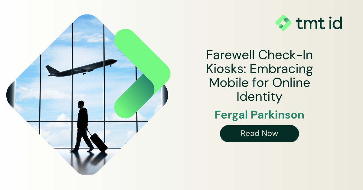 Traveler walking in airport with advertisement for mobile check-in innovation emphasizing online security in the background.