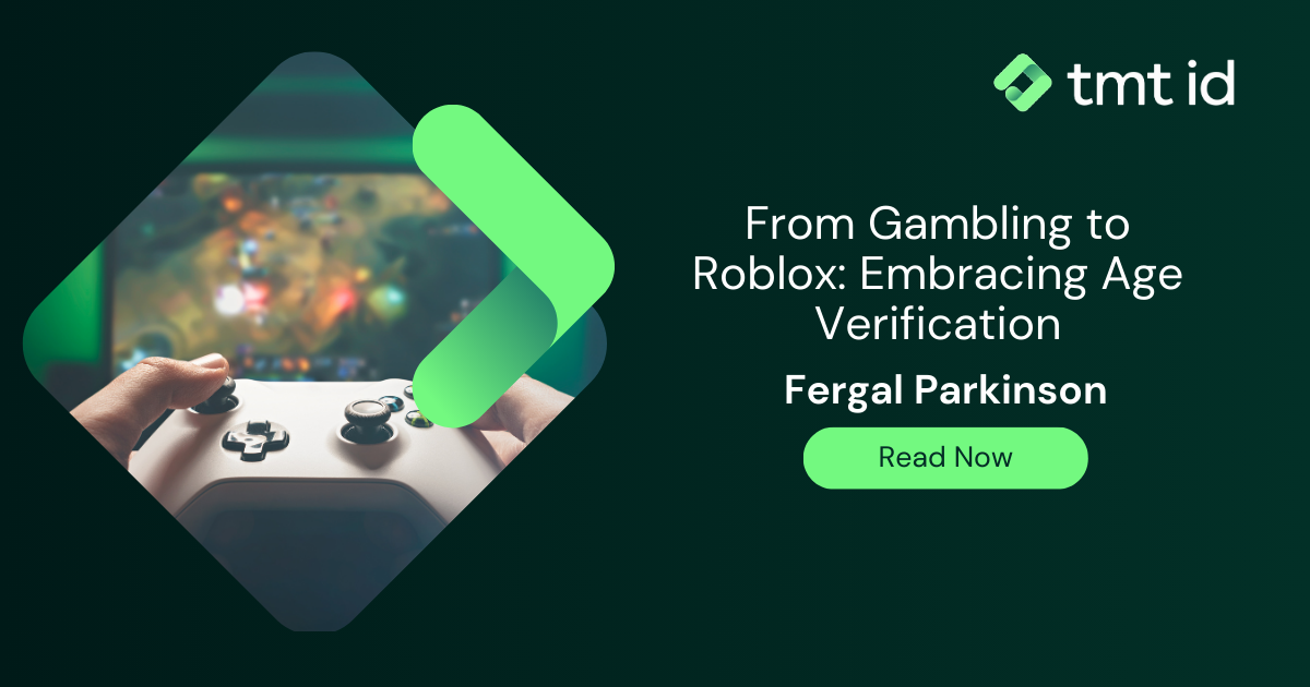 A person using a game controller with an article about age verification in gaming on the screen focuses on the importance of age verification.