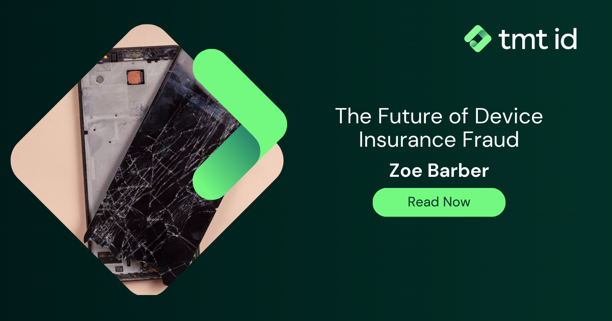 Promotional graphic highlighting an article on device insurance fraud future by Zoe Barber.
