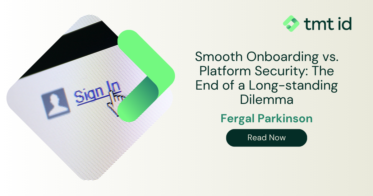 An advertisement featuring an article on balancing onboard customers and platform security by Fergal Parkinson, with a graphic of a card labeled "Sign Up.