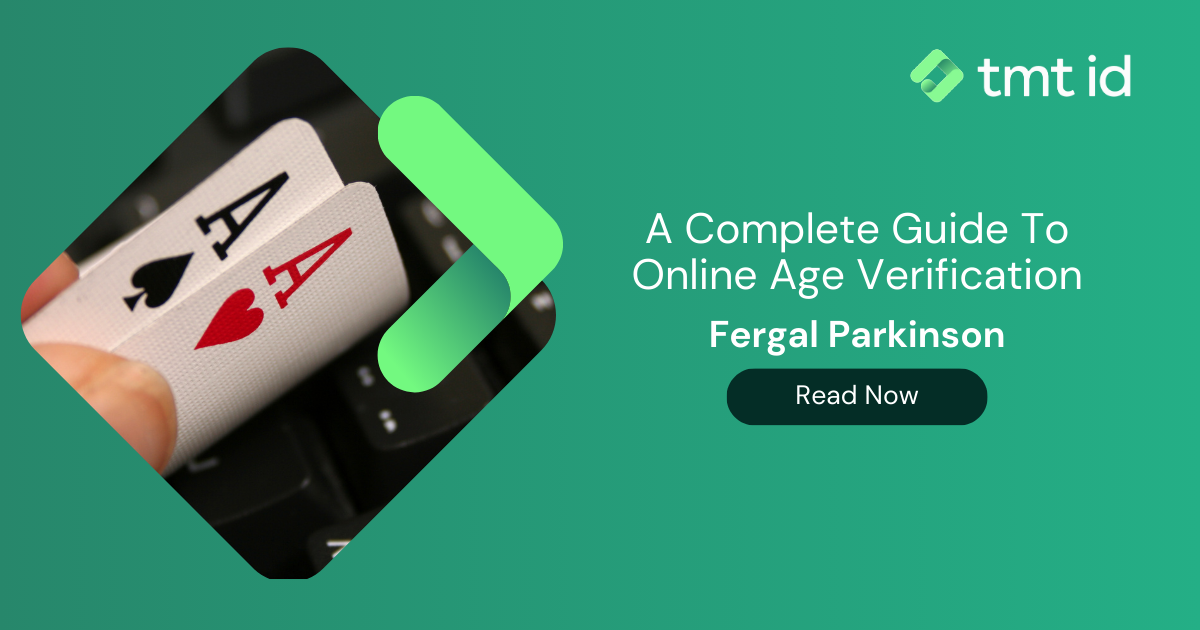 Hand holding a playing card with online age verification concept art.