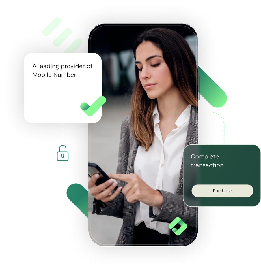 A businesswoman using a smartphone, with graphic overlays suggesting mobile security and transaction services.
