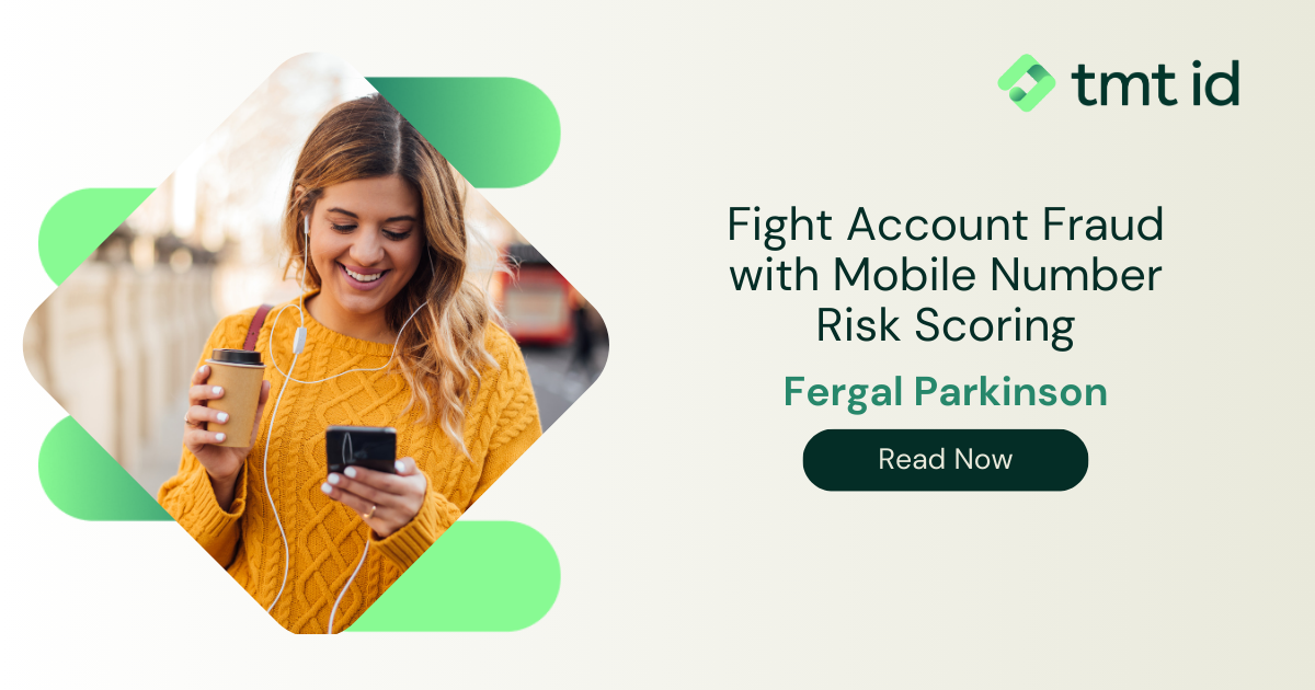 Smiling woman in yellow sweater using smartphone, with a promotional graphic about mobile number risk scoring titled "fight account fraud" by fergal parkinson.