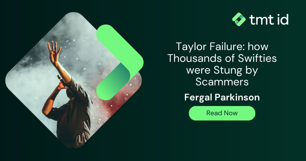 Person with arms raised in a concert-like setting, silhouetted against a vibrant background, adjacent to promotional text for an article on scammers targeting music fans.