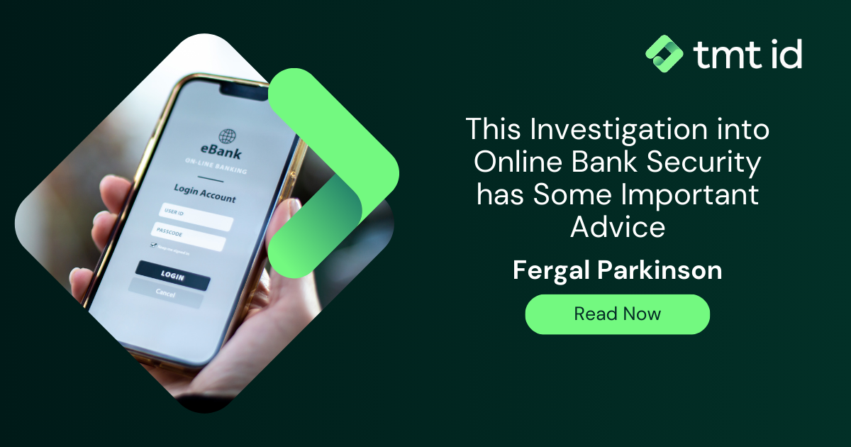 Hand holding a smartphone displaying a login screen for "ebank," next to promotional text about an online bank security upgrade.